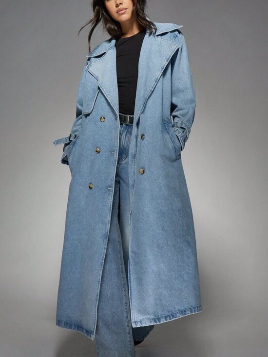 Jackets & Blazers - Light Wash Oversized Denim Women's Long Double Breasted Trench Coat